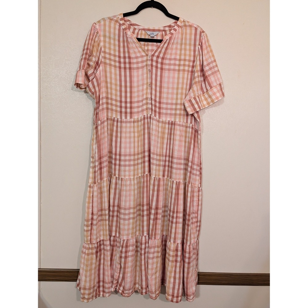 Croft & Barrow Pink Plaid Tiered Midi Dress XXL Short Sleeve Henley Neck‎